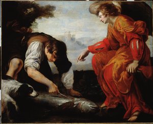 Tobie Meets the Archangel Raphael (Tobias Meets the Archangel Raphael) Maleri af Giovanni Battista Carlone (1592-1677) Genes fra det 17. århundrede, Musei di Strada Nuova (ex Palazzo Bianco)