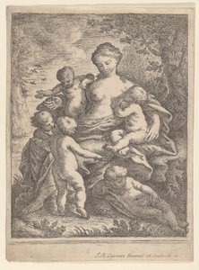Charity, siddende i et landskab omgivet af fem nøgne børn, 1692-1727. af Giovanni Battista Catenaro
