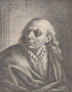 Portræt af Luca Giordano, iført runde briller og ser til venstre, 1692-1727., 1692-1727. af Giovanni Battista Catenaro