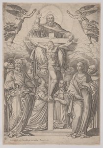 Treenigheden, med korsfæstelsen i centrum og helgener til begge sider, 1586. af Giovanni Battista Cavalieri