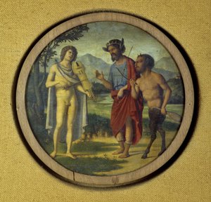 Tastaturinstrumentcover med illustration af Apollo (med lyre) og Marsyas af Giovanni Battista Cima da Conegliano