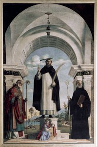 Sankt Peter af Verona med Sankt Nikolaus og Sankt Benedikt med engel (olie på panel af Giovanni Battista Cima da Conegliano