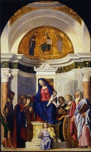 Jomfru og barn med de hellige Johannes Døberen, Cosmas og Damian, Catherine og Paul, ca 1506-1507 af Giovanni Battista Cima da Conegliano