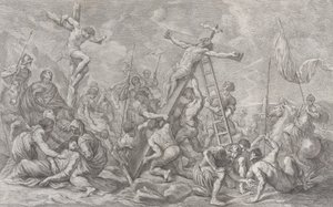Korsfæstelsen, med sænkningen af korset i midten, soldater overalt og en tyv..., 1762. af Giovanni Battista Cipriani