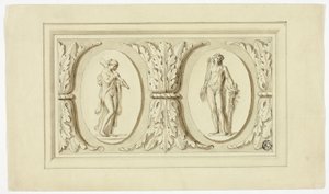 To medaljoner med stående figurer af Omphale og Bacchus, adskilt af et design af akantusblade af Giovanni Battista Cipriani