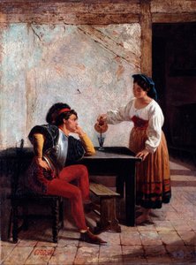 Ung tjener i en kro og en soldat Maleri af Giovanni Battista Crosa (aktiv mellem 1859 og 1882) 1865 Dim 98x64 cm Genes, Galleria d