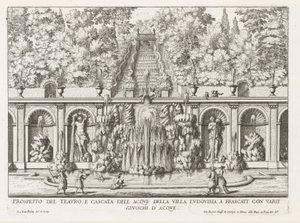 Cascade en Teatro delle Acque i de tuinen fra Villa Torlonia te Frascati Prospekt for teater- og vandkaskaden i Villa Ludovisia (...) (titel på objektet) Frascati-villaernes springvand (serietitel) Fonteinen van Frascati (serietitel) af Giovanni Battista Falda