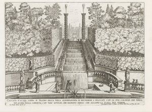 Cascade in the gardenen van de Villa Aldobrandini te Frascati Vandfald over teatret i Villa Aldobrandina di Belvedere i Frascati (...) (titel på objektet) Frascati-villaernes springvand (serietitel) Fonteinen van Frascati (serietitel) af Giovanni Battista Falda