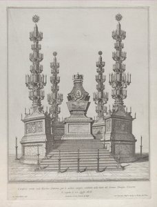 Katafalke for pave Clement X: en central struktur rejst på en 15-trins platform, med c..., 1676. af Giovanni Battista Falda
