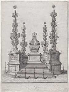 Katafalke for pave Clement X, central struktur på toppen af en femtentrins platform, med..., 1676.