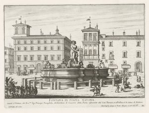 Fontana del Moro på Piazza Navona te Rom Springvand på Piazza Navona (titel på objekt) Fontæner i Rom (serietitel) Fonteinen van Rome (serietitel) af Giovanni Battista Falda