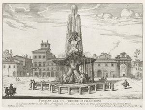 Triton-fontænen på Piazza Barberini i Rom Springvand af Mr. Prencipe di Pallestrina (titel på objekt) Fontæner i Rom (serietitel) Fonteinen van Rome (serietitel) af Giovanni Battista Falda