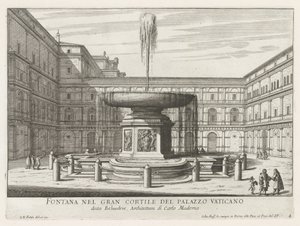 Fontein i de Cortile del Belvedere i Vatikanet Springvand i den store gårdhave til Vatikanpaladset (titel på objektet) Fontæner i Rom (serietitel) Fonteinen van Rome (serietitel) af Giovanni Battista Falda