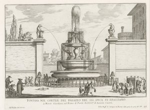 Fontein in the binnenplaats af Palazzo Taverna te Rom Springvand i gården til Mr. hertug af Bracciano (titel på objekt) Fontæner i Rom (serietitel) Fonteinen van Rome (serietitel) af Giovanni Battista Falda