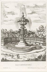 Springvand i haverne ved Villa Doria Pamphilj i Rom Lilii Pamphylii fons (titel på objekt) Le fontane ne palazzi e ne giardini di Roma (serietitel) Springvand i Roms paladser og haver (serietitel) af Giovanni Battista Falda