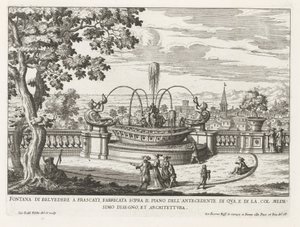 Fontein in de tuinen af ​​Villa Aldobrandini te Frascati Belvedere-fontænen i Frascati, bygget over gulvet i forgængeren på denne side (...) (titel på objektet) Frascati-villaernes springvand (serietitel) Fonteinen van Frascati (serietitel) af Giovanni Battista Falda