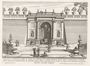 Fontein in de tuinen af ​​Villa Aldobrandini te Frascati Springvand og forhøjning over cypres alléen (...) (titel på objektet) Frascati-villaernes springvand (serietitel) Fonteinen van Frascati (serietitel) af Giovanni Battista Falda
