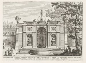 Fontein in de tuinen af ​​Villa Aldobrandini te Frascati Springvand i anden indgang fordoblet fra siderne (...) (titel på objekt) Frascati-villaernes springvand (serietitel) Fonteinen van Frascati (serietitel) af Giovanni Battista Falda