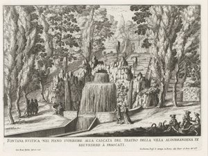 Fontein in de tuinen af ​​Villa Aldobrandini te Frascati Rustik springvand på øverste etage ved teatrets vandfald (...) (titel på objektet) Frascati-villaernes springvand (serietitel) Fonteinen van Frascati (serietitel) af Giovanni Battista Falda