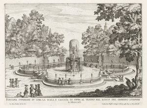 Fontein in de tuinen af ​​de Villa Torlonia te Frascati Øverste springvand på toppen af ​​trappen og vandfaldet over teatret (...) (titel på objektet) Frascati-villaernes springvand (serietitel) Fonteinen van Frascati (serietitel) af Giovanni Battista Falda