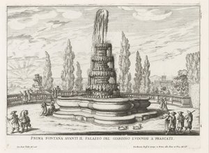 Fontein in de tuinen af ​​de Villa Torlonia te Frascati Første springvand foran Palazzo del Giardino Ludovisi i Frascati (titel på objektet) Frascati-villaernes springvand (serietitel) Fonteinen van Frascati (serietitel) af Giovanni Battista Falda