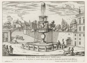 Springvand i Vatikanet Fontana nel Palazzo Vaticano (titel på objekt) Fontane di Roma (serietitel) Fontæner i Rom (serietitel) af Giovanni Battista Falda