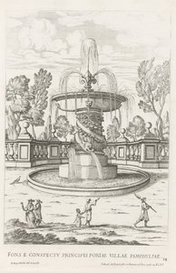 Fontein mødte dolfijnen i de tuinen af ​​Villa Doria Pamphilj te Rom Springvandet foran prinsens port til byen Pamfylien (titel på objektet) Le fontane ne palazzi e ne giardini di Roma (serietitel) Fonteinen in de paleizen en tuinen van Rome (serietitel af Giovanni Battista Falda