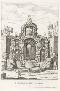 Springvand med duer i haverne ved Villa Doria Pamphilj i Rom Columbae Pamphyliae fons (titel på objekt) Le fontane ne palazzi e ne giardini di Roma (serietitel) Springvand i Roms paladser og haver (serietitel) af Giovanni Battista Falda