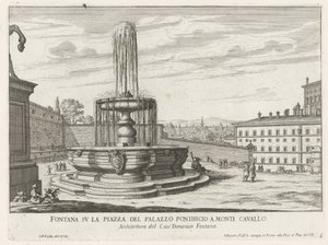 Fontein på Piazza del Quirinale i Rom Springvand på pladsen i det pavelige palads i Monte Cavallo (titel på objektet) Fontæner i Rom (serietitel) Fonteinen van Rome (serietitel) af Giovanni Battista Falda