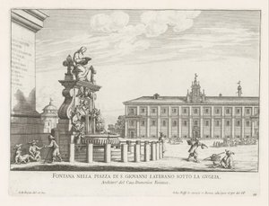 Fontein på Piazza di San Giovanni i Laterano te Rom Springvand på Piazza di S. Giovanni Laterano under spiret (titel på objektet) Fontæner i Rom (serietitel) Fonteinen van Rome (serietitel) af Giovanni Battista Falda