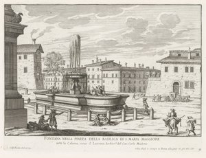 Fontein på Piazza di Santa Maria Maggiore te Rom Springvand på pladsen i Basilica of S. Maria Maggiore (titel på objektet) Fontæner i Rom (serietitel) Fonteinen van Rome (serietitel) af Giovanni Battista Falda