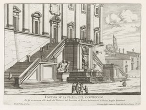 Springvand foran Palazzo Senatorio på Capitol i Rom Fontana su la Piazza del Campidoglio (titel på objekt) Fontane di Roma (serietitel) Fontæner i Rom (serietitel) af Giovanni Battista Falda
