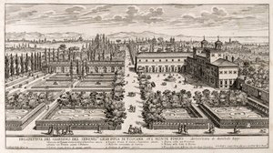 Perspektiv af haverne i Villa Medici i Rom, gravering fra Li Giardni (Haverne) af Giovanni Battista Falda (1640 eller 1643-1678)