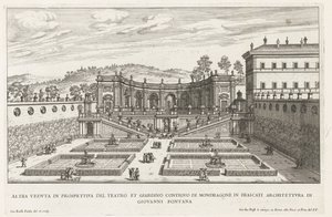 Tuinen van de Villa Mondragone te Frascati Endnu et perspektivbillede af teatret og den tilstødende have (...) (titel på objektet) Frascati-villaernes springvand (serietitel) Fonteinen van Frascati (serietitel) af Giovanni Battista Falda