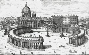 Vatikanstaten, Udsigt over Piazza San Pietro med Peterskirken og Vatikanets paladser, gravering af Giovanni Battista Falda. 1665
