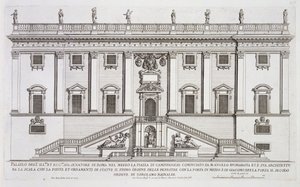 Udsigt over facaden af Palazzo Senatorio på Piazza del Campidoglio, Rom, påbegyndt af Michelangelo Buonarroti (1475-1564) og fuldført af Girolamo Rainaldi (1570-1655)