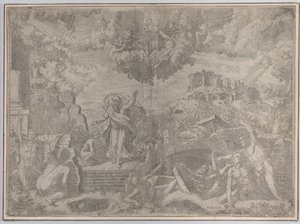 Synet af Ezekiel, med de døde opstandende og iført deres kød, Gud Faderen abo..., 1579.