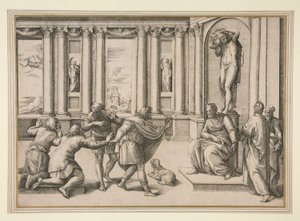 Mand siddende under en statue af Bacchus og modtager et publikum af Giovanni Battista Franco (called Il Semolei)