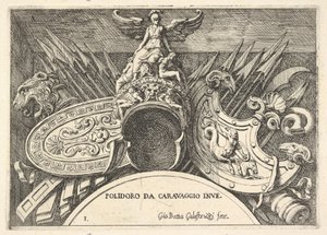 Plade 1: trofæer af romerske våben fra dekorationer over vinduerne på anden sal ..., 1656-58.