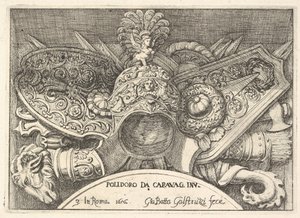 Plade 3: trofæer af romerske våben fra dekorationer over vinduerne på anden sal i ..., 1656.