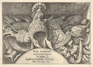 Plade 5: trofæer af romerske våben fra dekorationer over vinduerne på anden sal i ..., 1658.