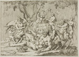 Silenus liggende med geder og satyrer