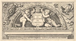 Titelplade til serie af tryk efter Poloidoro, titel på et skjold understøttet af to putti, 1658.