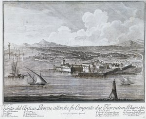 Udsigt over Livornos havn, da den blev købt af florentinerne i 1421, gravering fra samlingen af de bedste udsigter over byen og havnen i Livorno af Giovanni Battista Guerazzi