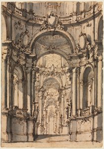 Design til et scenesæt: Interiør af et palads med arkader af Giovanni Battista III Natali
