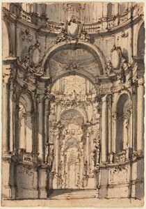 Design til et scenesæt: Interiør af et palads med arkader, midten af 1700-tallet. af Giovanni Battista III Natali
