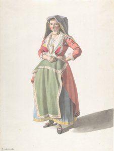 Ung kvinde, der står i traditionel napolitansk kjole, ca. 1775-1821.
