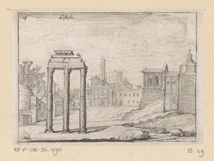 Udsigt over Forum Romanum i Rom Listesso (titel på objekt) Udsigt over Rom (serietitel) Alcune vedute et prospettive di luoghi dishabitati di Roma (serietitel) af Giovanni Battista Mercati