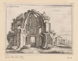 Rester af Temple of Minerva Medica i et landskab Listesso Tempio (titel på objekt) Udsigt over Rom (serietitel) Alcune vedute et prospettive di luoghi dishabitati di Roma (serietitel) af Giovanni Battista Mercati