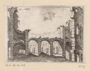 Rester af Colosseum i Rom Listesso (titel på objekt) Udsigt over Rom (serietitel) Alcune vedute et prospettive di luoghi dishabitati di Roma (serietitel) af Giovanni Battista Mercati